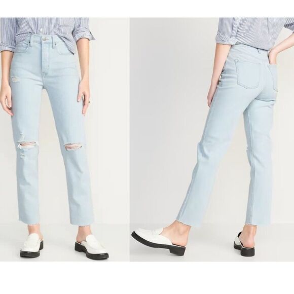 Old Navy NWT Size 18 Extra High Waisted Button Fly Straight Ripped Denim Jeans - Picture 1 of 10